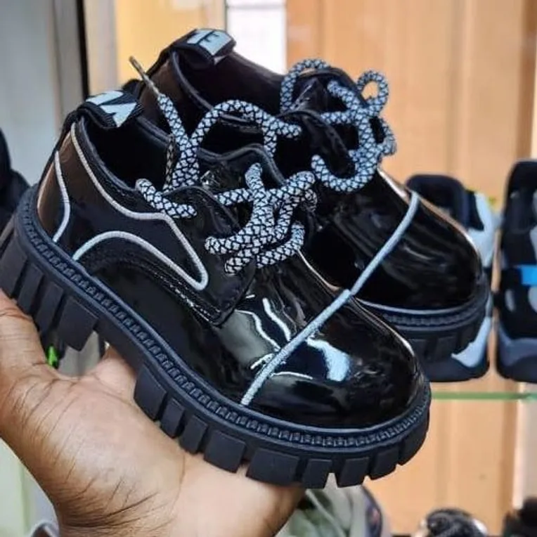Black Patent Chunky Lace-Up — Black / White piping