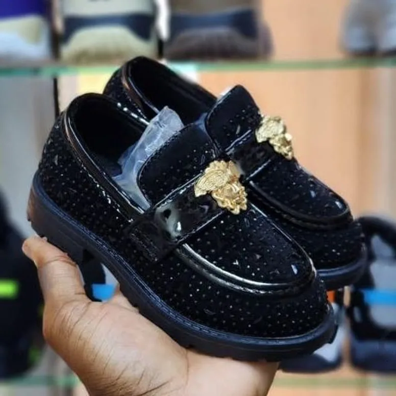 Black Rhinestone Medallion Loafer — Black / Gold