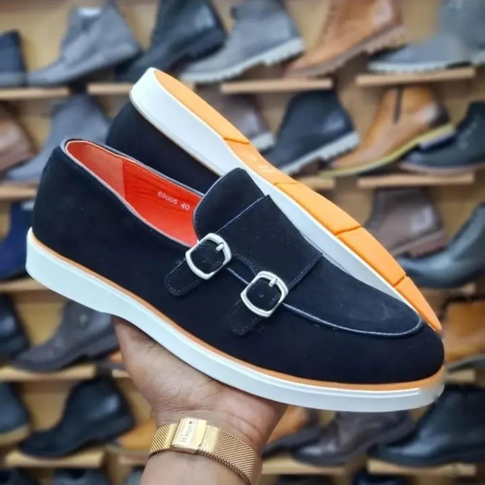 Black Suede Double-Monk Loafer — Black / Orange / White