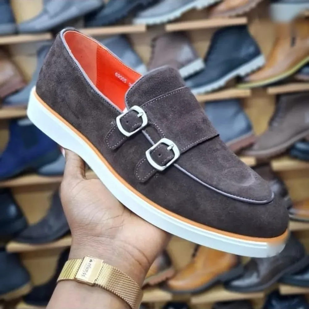 Chocolate Suede Double-Monk Loafer — Chocolate Brown / Orange / White