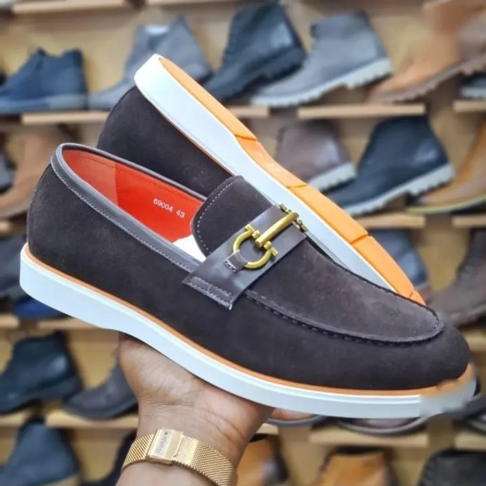 Chocolate Suede Horsebit Loafer — Chocolate Brown / Orange / White