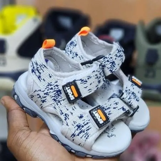 Grey Knit Velcro Sandal — Light Grey / Navy / Orange
