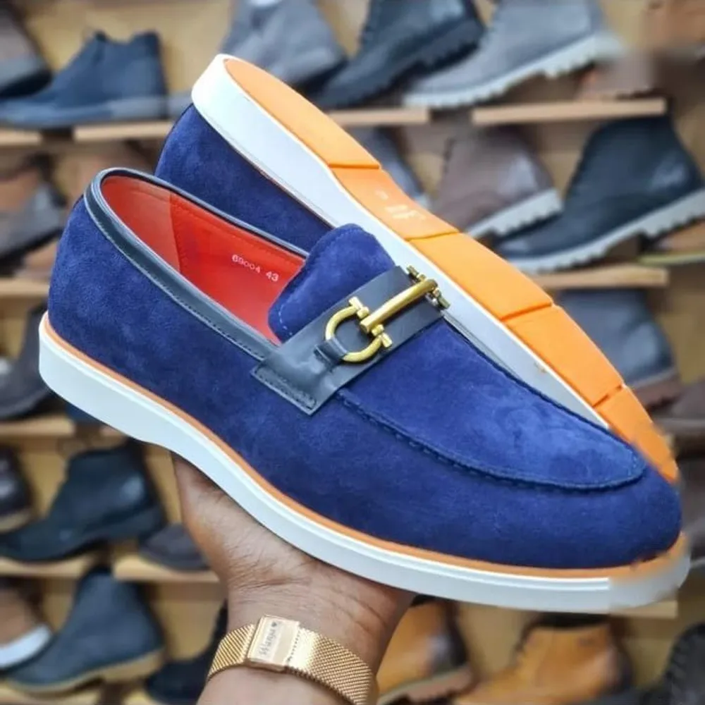Navy Suede Horsebit Loafer — Navy / Orange / White