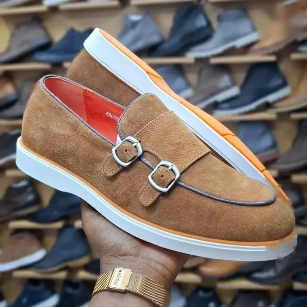 Tan Suede Double-Monk Loafer — Tan / Orange / White