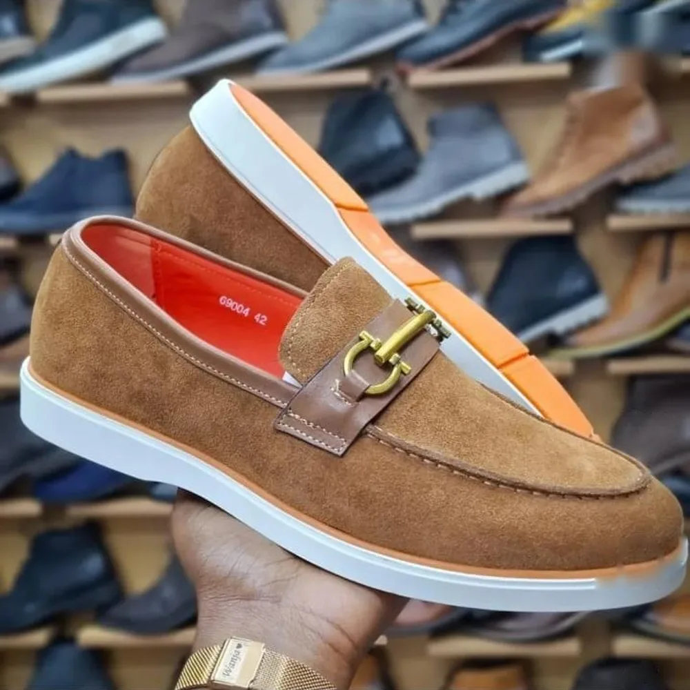 Tan Suede Horsebit Loafer — Tan / Orange / White